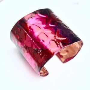 Handmade Copper Cuff Bracelet Pink Red Hearts Valentine Gift Boho Artisan OOAK